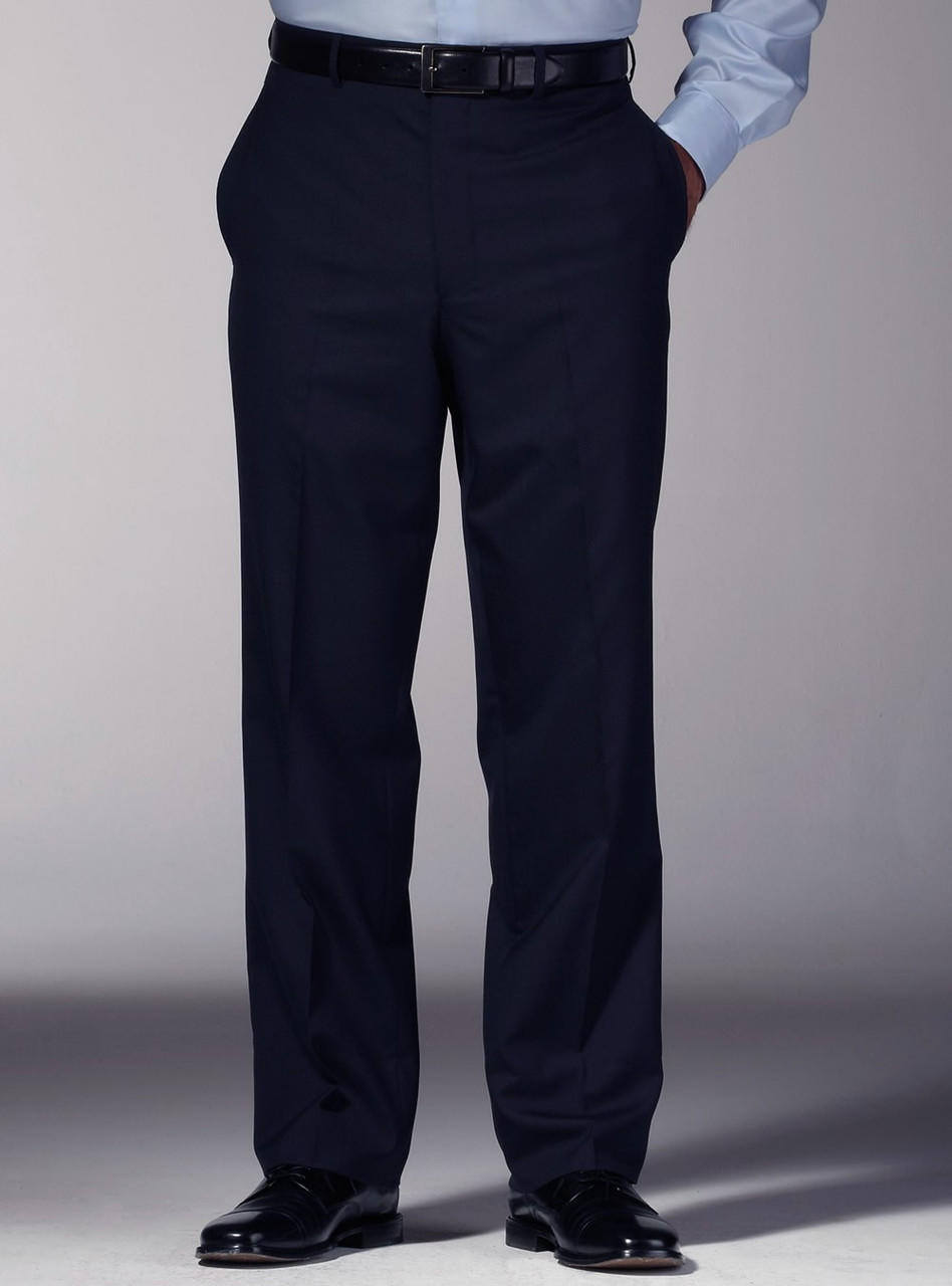 Poly Viscose Navy Blue Plain Slim Fit Flat Front Formal Trouser